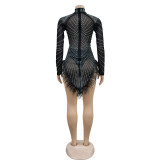 Mesh Hot Drill Feather Splicing Mini Dress BY-6672