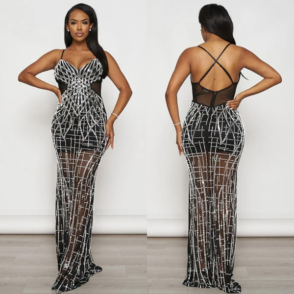 Solid Mesh Hot Drill Sling Maxi Dress BY-6689