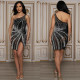 Sexy Mesh Hot Drill Slash Neck Mini Dress BY-6685