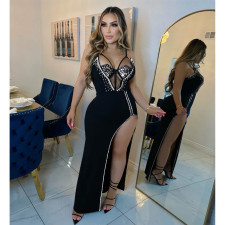 Solid Hot Rhinestone Sleeveless Split Maxi Dress BY-6705