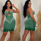 Solid Mesh Hot Rhinestone Halter Minit Dress BY-6753