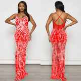 Solid Mesh Hot Drill Sling Maxi Dress BY-6689
