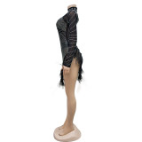 Mesh Hot Drill Feather Splicing Mini Dress BY-6672