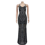 Solid Mesh Hot Drill Sling Maxi Dress BY-6689