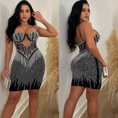 Solid Mesh Hot Rhinestone Halter Minit Dress BY-6753