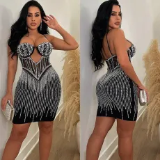 Solid Mesh Hot Rhinestone Halter Minit Dress BY-6753