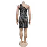Sexy Mesh Hot Drill Slash Neck Mini Dress BY-6685