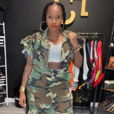 Camouflage Printed Ruffle Sleeve Jacket GNZD-9151TD