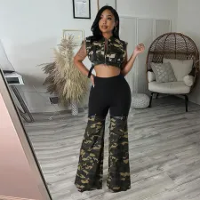 Camouflage Spliced Knit Flared Pants GNZD-9636PD