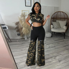 Camouflage Spliced Knit Flared Pants GNZD-9636PD