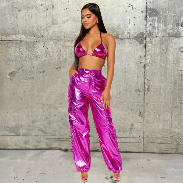 Bright Leather Zipper Drawstring Casual Pants GNZD-9598PD