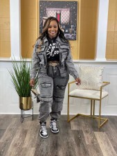 Multicolor Pocket Washed Denim Two Piece Pants Set NYF-8158
