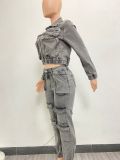 Multicolor Pocket Washed Denim Two Piece Pants Set NYF-8158
