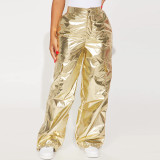 Bright Leather Zipper Drawstring Casual Pants GNZD-9598PD