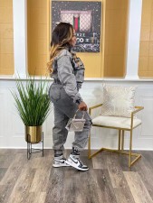 Multicolor Pocket Washed Denim Two Piece Pants Set NYF-8158