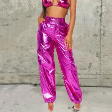 Bright Leather Zipper Drawstring Casual Pants GNZD-9598PD