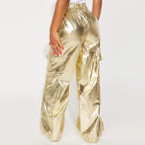 Bright Leather Zipper Drawstring Casual Pants GNZD-9598PD