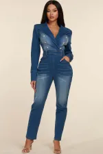 Blazer Collar Double Button Denim Jumpsuit LX-6970