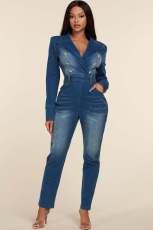 Blazer Collar Double Button Denim Jumpsuit LX-6970