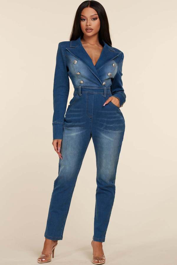 Blazer Collar Double Button Denim Jumpsuit LX-6970