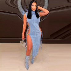 Sexy Denim Hollow Out High Collar Split Midi Dress GNZD-9438DD