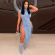 Sexy Denim Hollow Out High Collar Split Midi Dress GNZD-9438DD