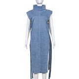Sexy Denim Hollow Out High Collar Split Midi Dress GNZD-9438DD