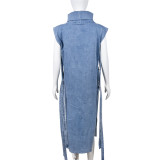 Sexy Denim Hollow Out High Collar Split Midi Dress GNZD-9438DD