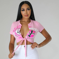 Sexy Print Hollow Out Bandage T Shirt GNZD-9471TD