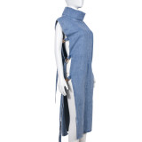 Sexy Denim Hollow Out High Collar Split Midi Dress GNZD-9438DD
