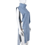 Sexy Denim Hollow Out High Collar Split Midi Dress GNZD-9438DD