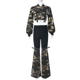 Denim Camouflage Zipper Long Sleeve Split Pants 2 Piece Set GNZD-9805PD