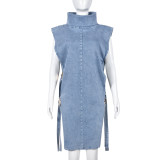 Sexy Denim Hollow Out High Collar Split Midi Dress GNZD-9438DD