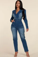 Blazer Collar Double Button Denim Jumpsuit LX-6970