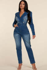 Blazer Collar Double Button Denim Jumpsuit LX-6970