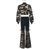 Denim Camouflage Zipper Long Sleeve Split Pants 2 Piece Set GNZD-9805PD
