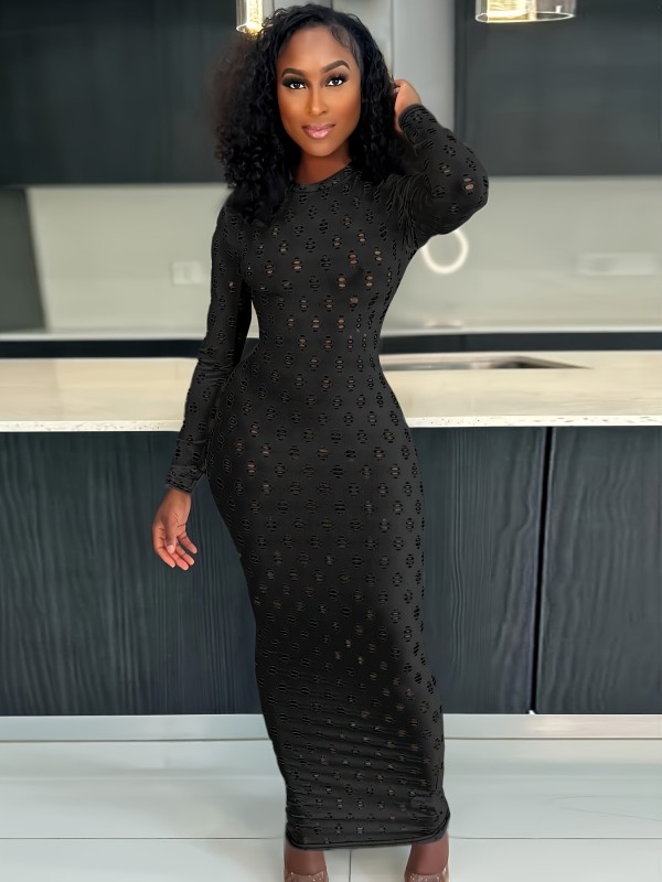 Sexy Solid Color Long Sleeve Holes Maxi Dress SH-390903