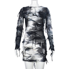 Knit Tie-Dye Tassel Backless Halloween Mini Dress GNZD-9558DD