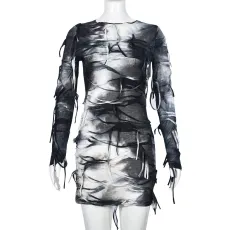 Knit Tie-Dye Tassel Backless Halloween Mini Dress GNZD-9558DD