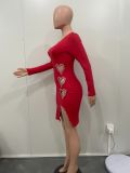 Solid Color Heart Shape Hot Drilling Mini Dress  BN-9442