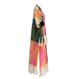 Casual Color Blocking Tassel Knit Coat TR-1291