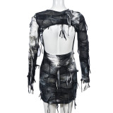 Knit Tie-Dye Tassel Backless Halloween Mini Dress GNZD-9558DD