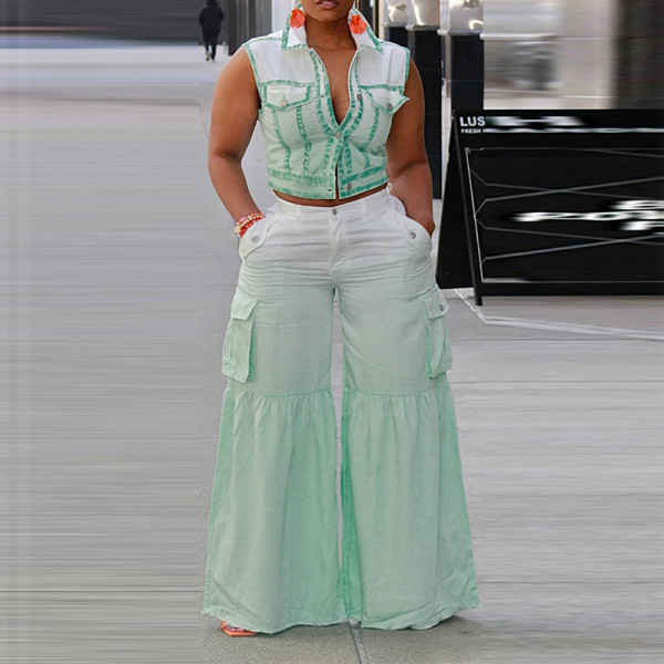 Striped Gradient Sleeveless Wide Leg Pant Two Piece Set MUE-8013