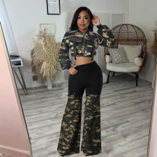 Denim Camouflage Zipper Long Sleeve Split Pants 2 Piece Set GNZD-9805PD