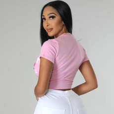 Sexy Print Hollow Out Bandage T Shirt GNZD-9471TD