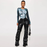 Shrink Pleat Skinny Straight Leather Pants MUE-8023