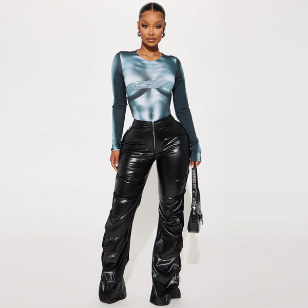 Shrink Pleat Skinny Straight Leather Pants MUE-8023