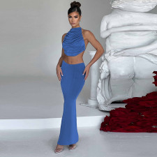 Sexy Tie Up Pleated Crop Tops Two Piece Skirts Set GNZD-9607SD