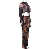 Tie Dye Tassel Crop Tops Pants Casual Set GNZD-9654SD
