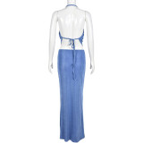 Sexy Tie Up Pleated Crop Tops Two Piece Skirts Set GNZD-9607SD